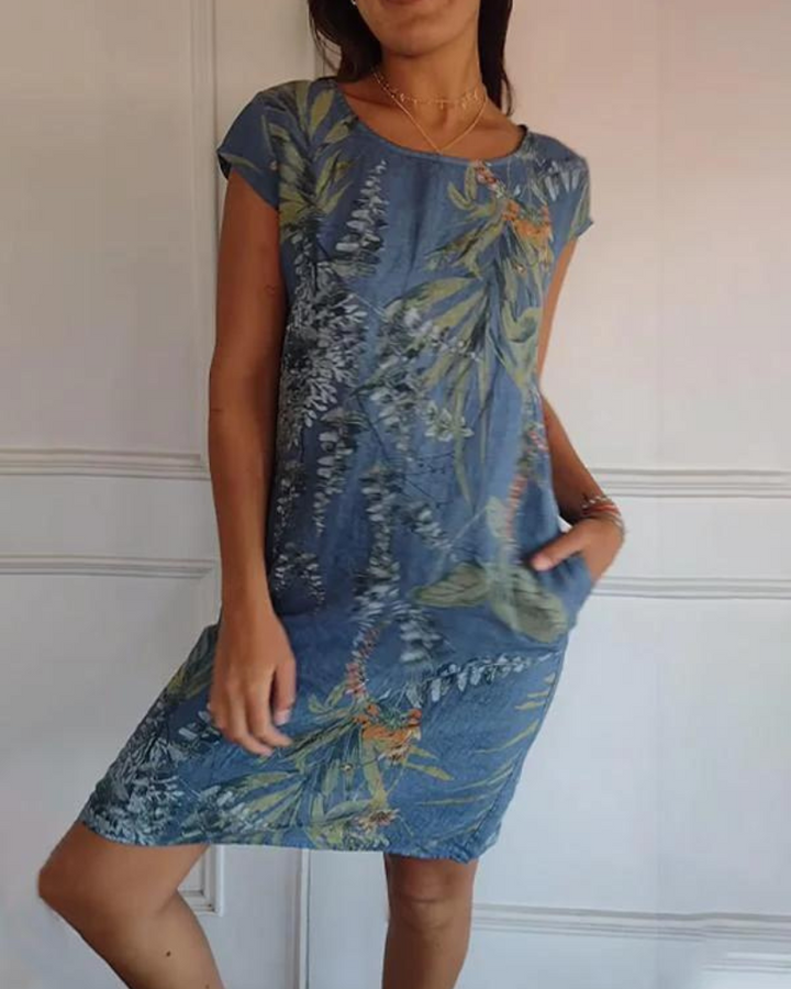 Vivara™ - COTTON AND LINEN ROUND NECK PRINTED DRESS